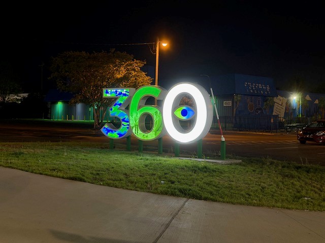 Charlotte Braille Trail 360 sculpture at night